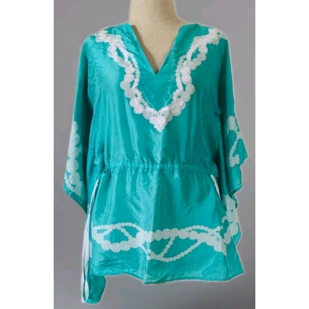Lilly Pulitzer Size S/M Over sized Silk Blouse with‎ Drawstrings Green Kaftan